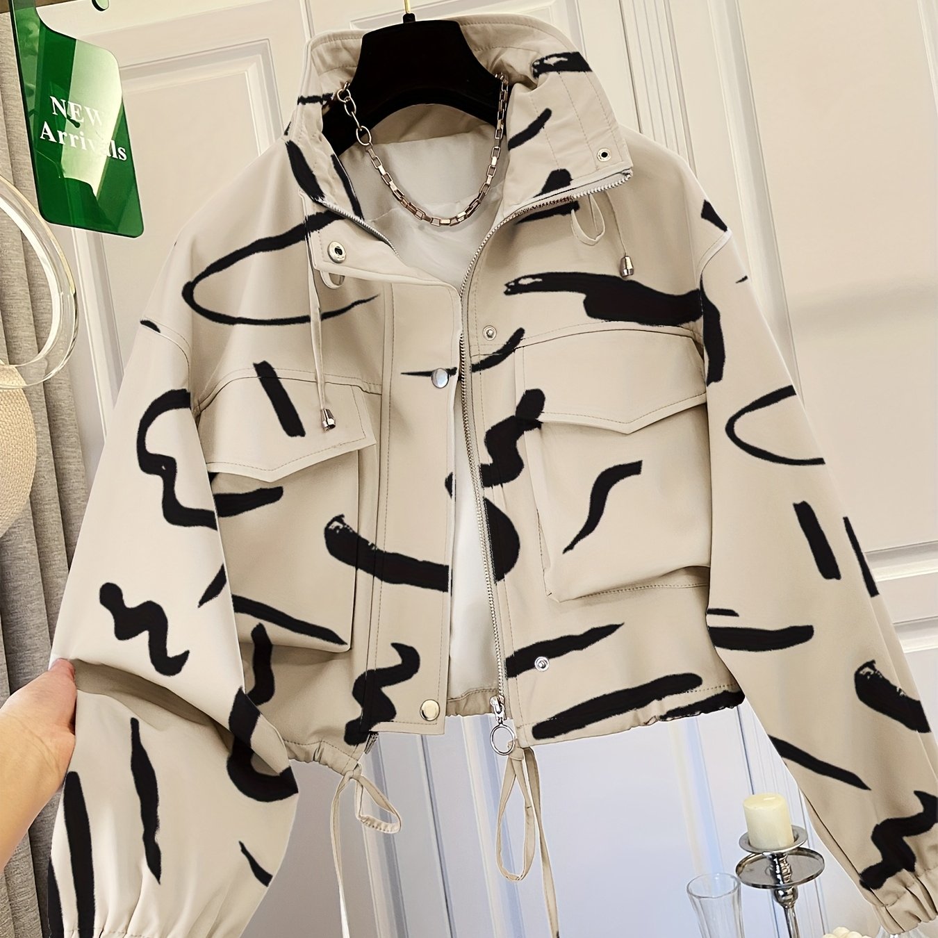 Damen Kurzjacke mit Reißverschluss und tropischem Blättermuster