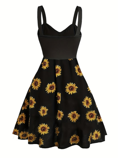 Damen Vintage Sommerkleid mit Sonnenblumenmuster und Knopfleiste – Elegantes Freizeitkleid für Frühling und Sommer