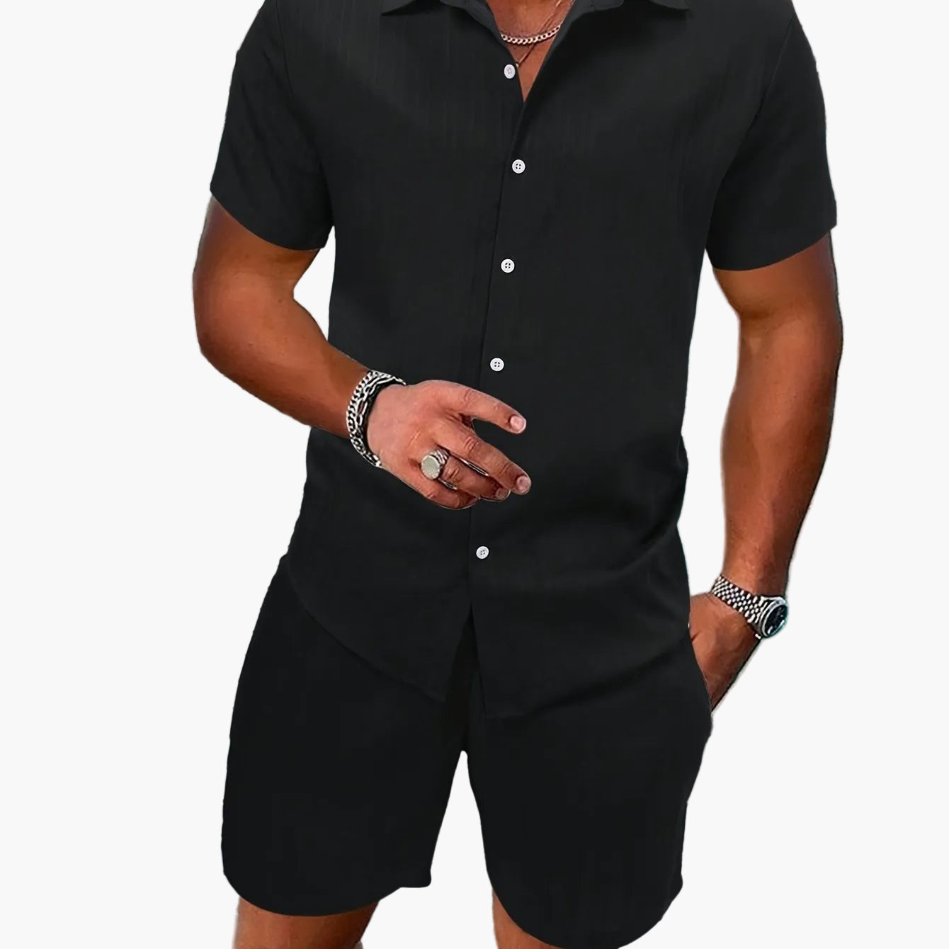 Herren Freizeit Zweiteiler Set – Kurzarm Hemd und Shorts, Sommer Streetwear, Stilvolle Knopfleiste, Ideal für Alltag & Urlaub
