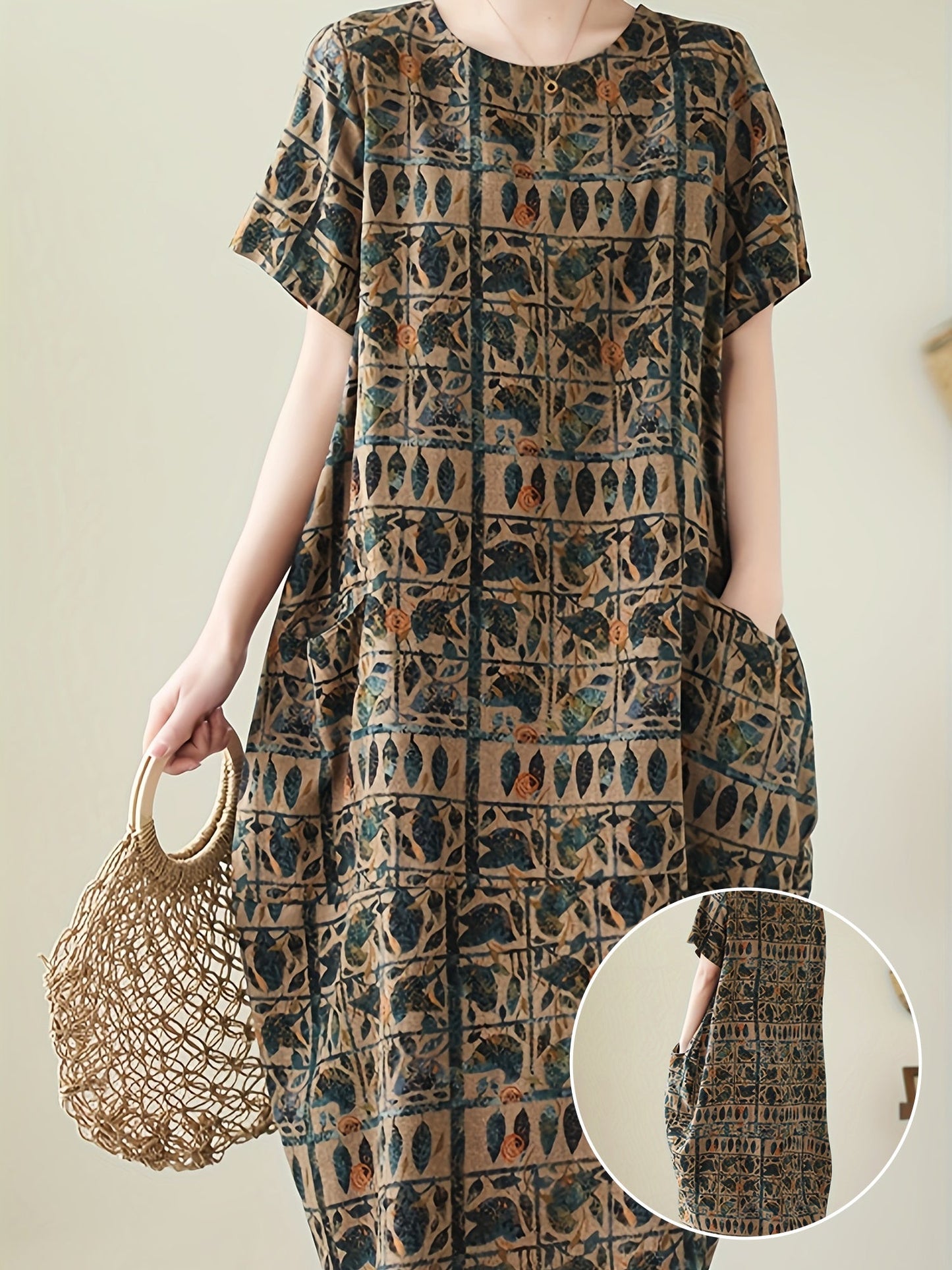 Damska sukienka casual z geometrycznym i botanicznym wzorem, oversize, z krótkim rękawem, swobodna