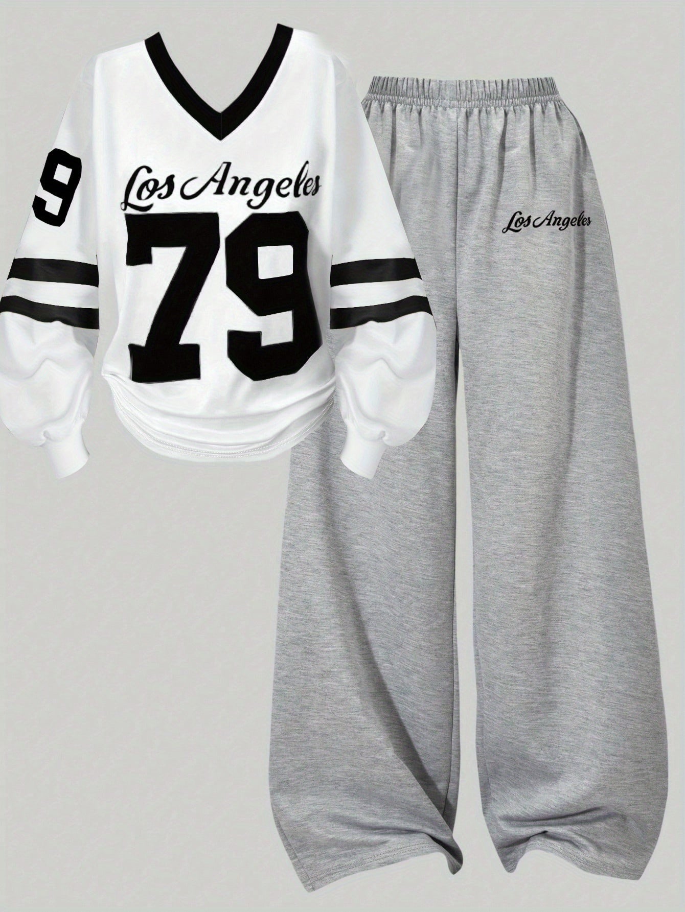 Zweiteiler Loungewear Set mit "Los Angeles" Print, weißes Shirt & graue Hose