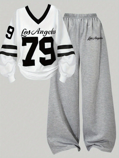 Zweiteiler Loungewear Set mit "Los Angeles" Print, weißes Shirt & graue Hose