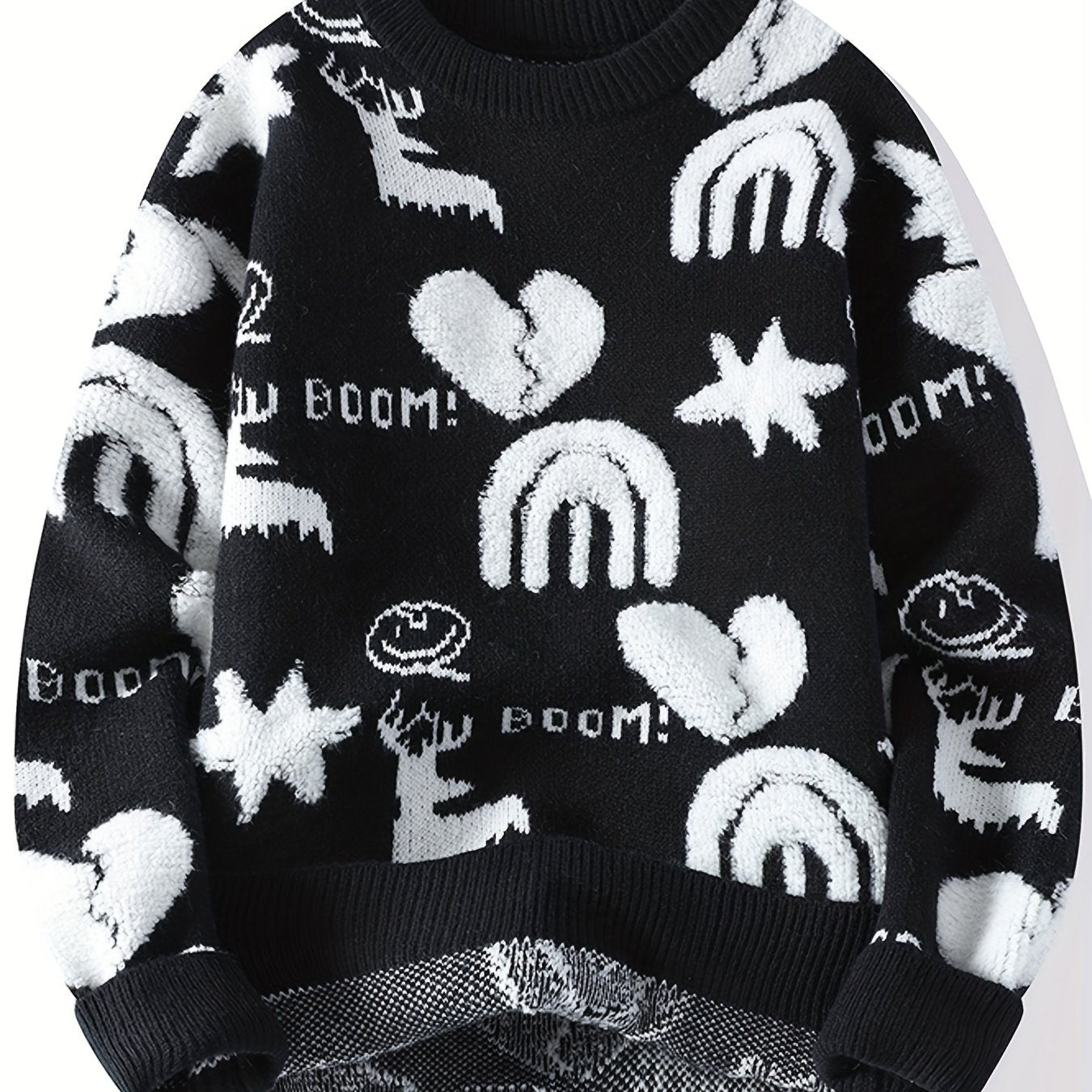 Unisex Strickpullover Rundhals mit Muster (Hirsch, Herz, Regenbogen)
