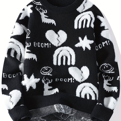Unisex Strickpullover Rundhals mit Muster (Hirsch, Herz, Regenbogen)