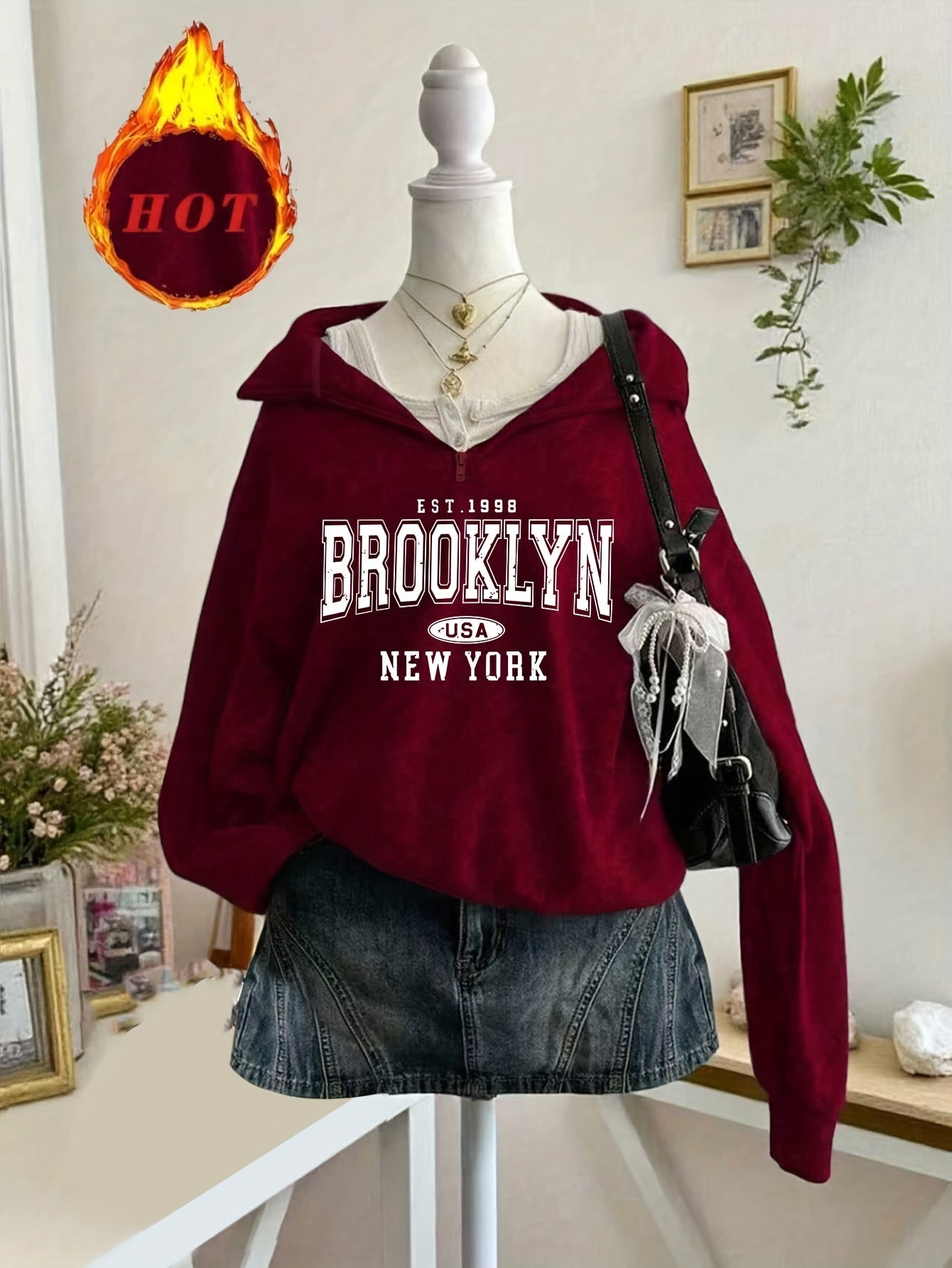 Felpa con cappuccio da donna, stampa Brooklyn, cerniera, collo alto, maniche lunghe, grigio, rosso, blu navy, nero