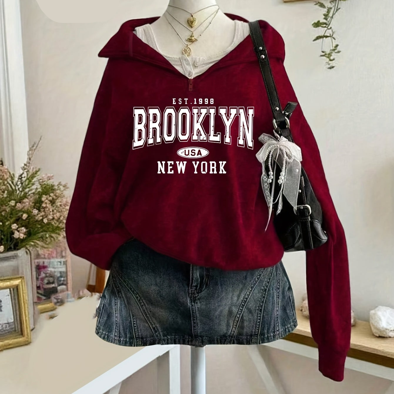 Felpa con cappuccio da donna, stampa Brooklyn, cerniera, collo alto, maniche lunghe, grigio, rosso, blu navy, nero