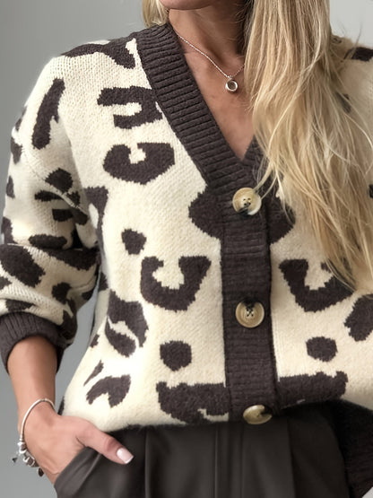 Damen Cardigan V-Ausschnitt Strickjacke Animal-Print Beige Braun