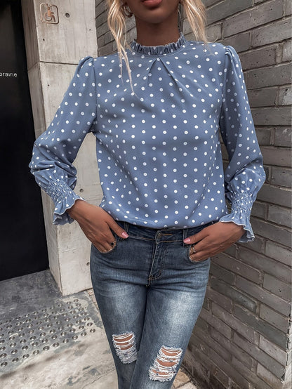 Blusa de mujer de manga larga, cuello mao con volantes, azul claro con estampado de lunares