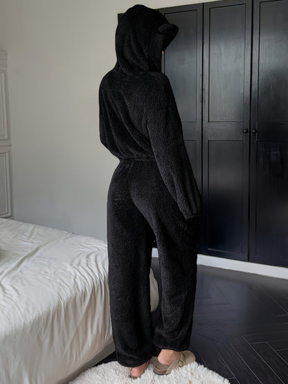 Damen Kuscheliger Fleece Pyjama Hausanzug mit Kapuze und Ohren