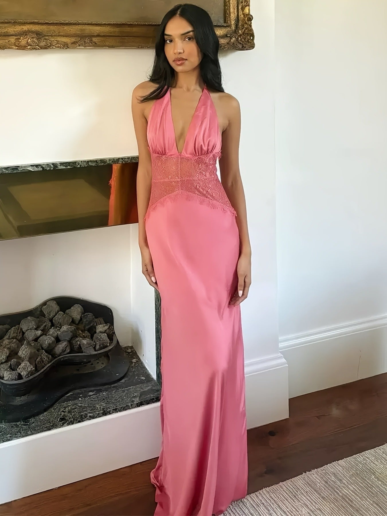 Vestido de noche elegante para mujer, corte ajustado y acampanado con encaje y escote en V profundo para ocasiones festivas