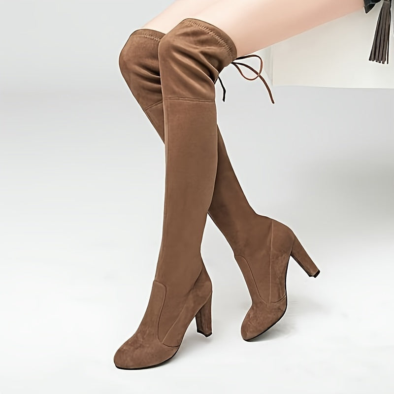 Overknee-Stiefel mit Blockabsatz und Schnürung hinten