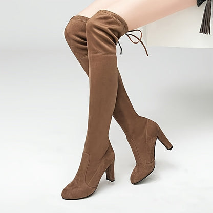 Overknee-Stiefel mit Blockabsatz und Schnürung hinten