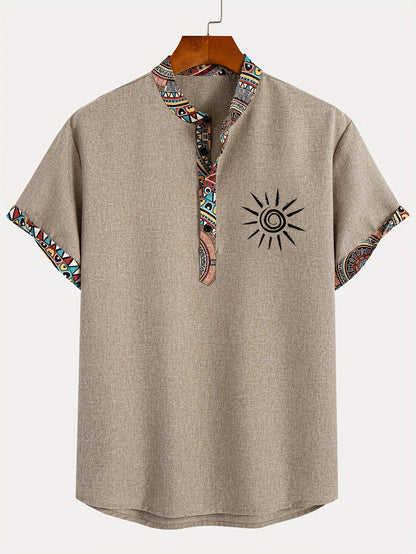 Chemise décontractée homme à manches courtes style ethnique avec motif tribal et col en V