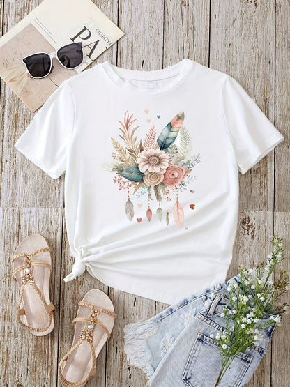 Dame T-skjorte med blomster- og fjærprint, avslappet, sommermote