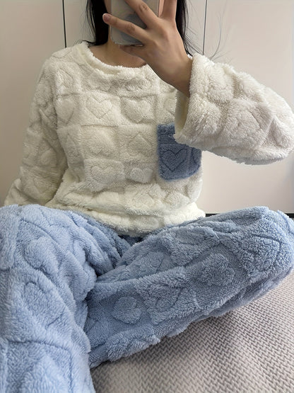 Pigiama coccoloso con motivo a cuori, morbido pigiama loungewear