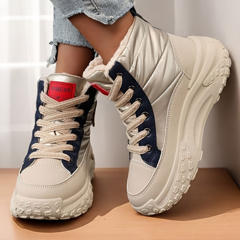 Winterstiefeletten Damen Beige Gefüttert Plateau Sohle