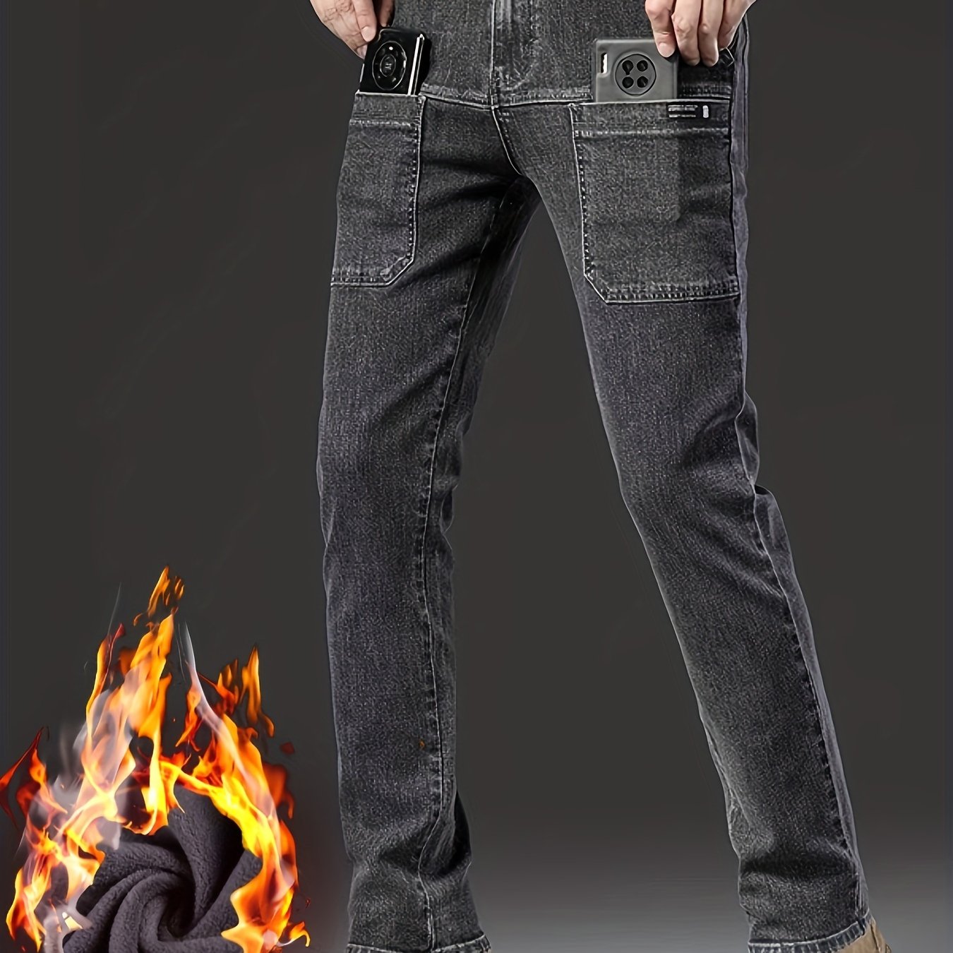 Jeans invernali da uomo, pantaloni foderati, neri o blu, vestibilità dritta