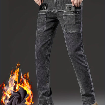 Jeans invernali da uomo, pantaloni foderati, neri o blu, vestibilità dritta