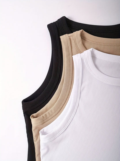 Damskie sportowe basic tank topy w zestawie 3 sztuk – bezrękawniki, wygodne koszulki na co dzień z okrągłym dekoltem