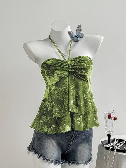 Dame halterneck volant top med hjerteprint – romantisk sommer peplum top til fritid og udgang