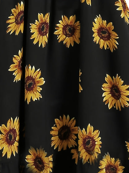 Damen Vintage Sommerkleid mit Sonnenblumenmuster und Knopfleiste – Elegantes Freizeitkleid für Frühling und Sommer