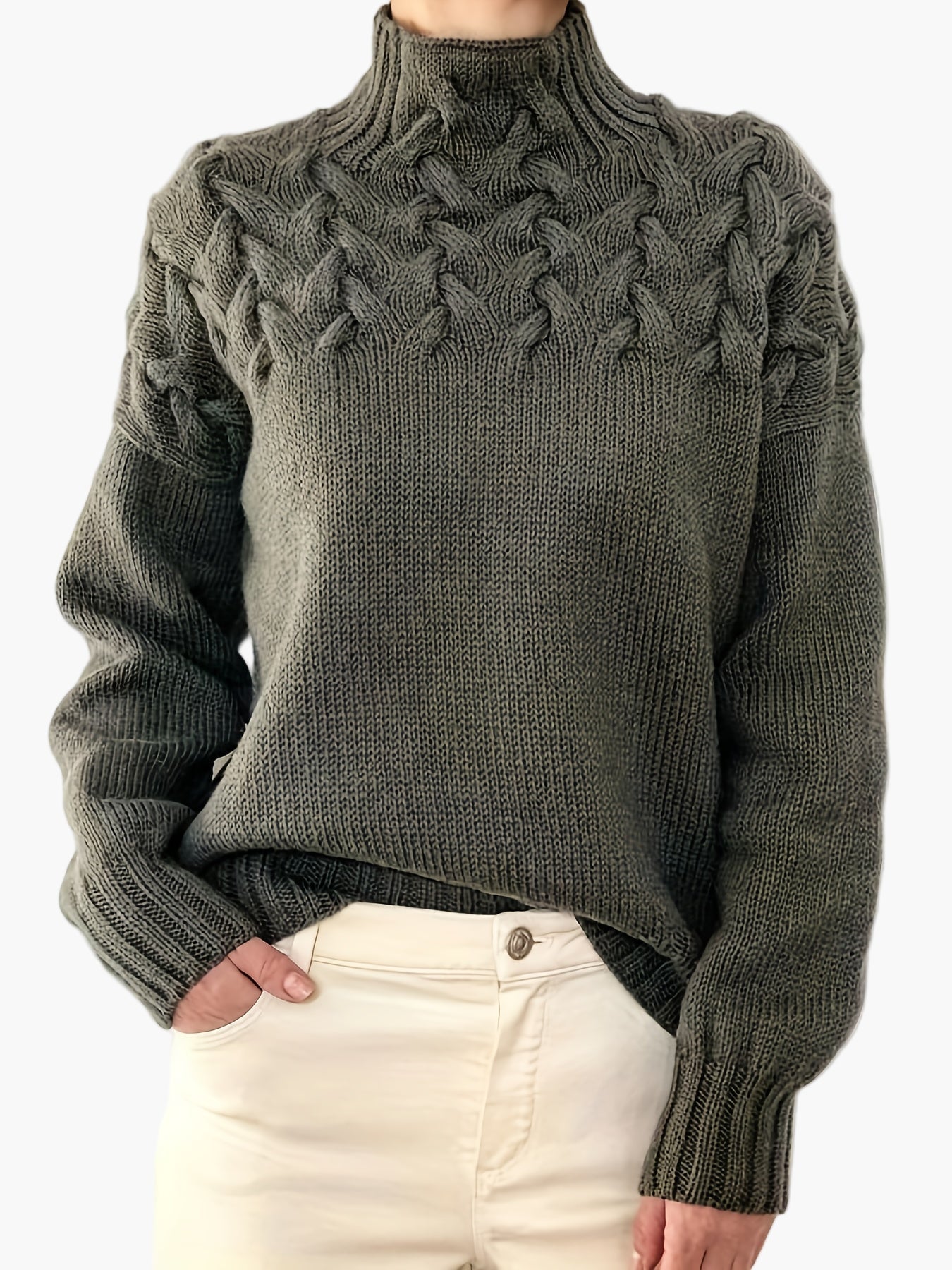 Damski sweter dzianinowy z warkoczowym wzorem i stójką na jesień i zimę – modny, wygodny sweter casualowy