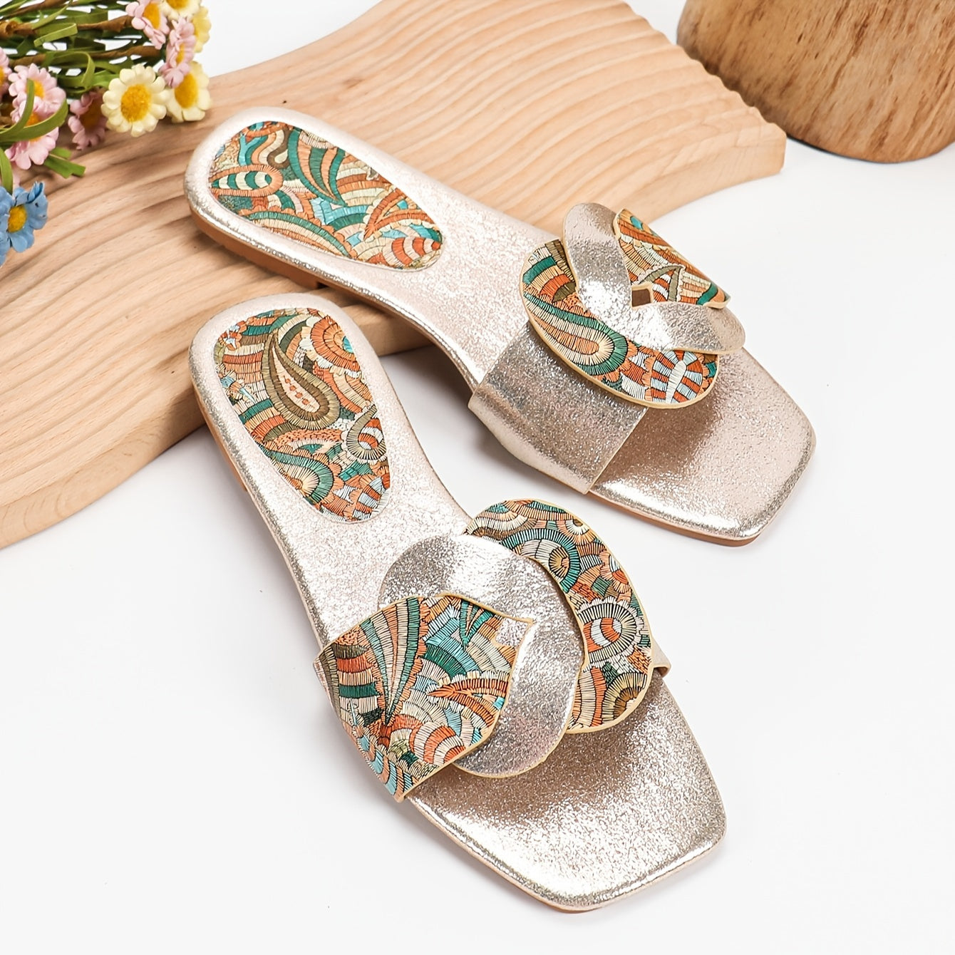 Sandali donna con motivo paisley e design moderno a punta quadrata – Stile elegante per l'estate e il tempo libero