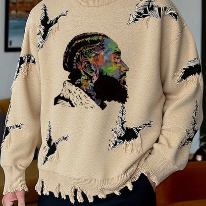 Suéter de hombre de cuello redondo con estampado y efecto desgastado beige