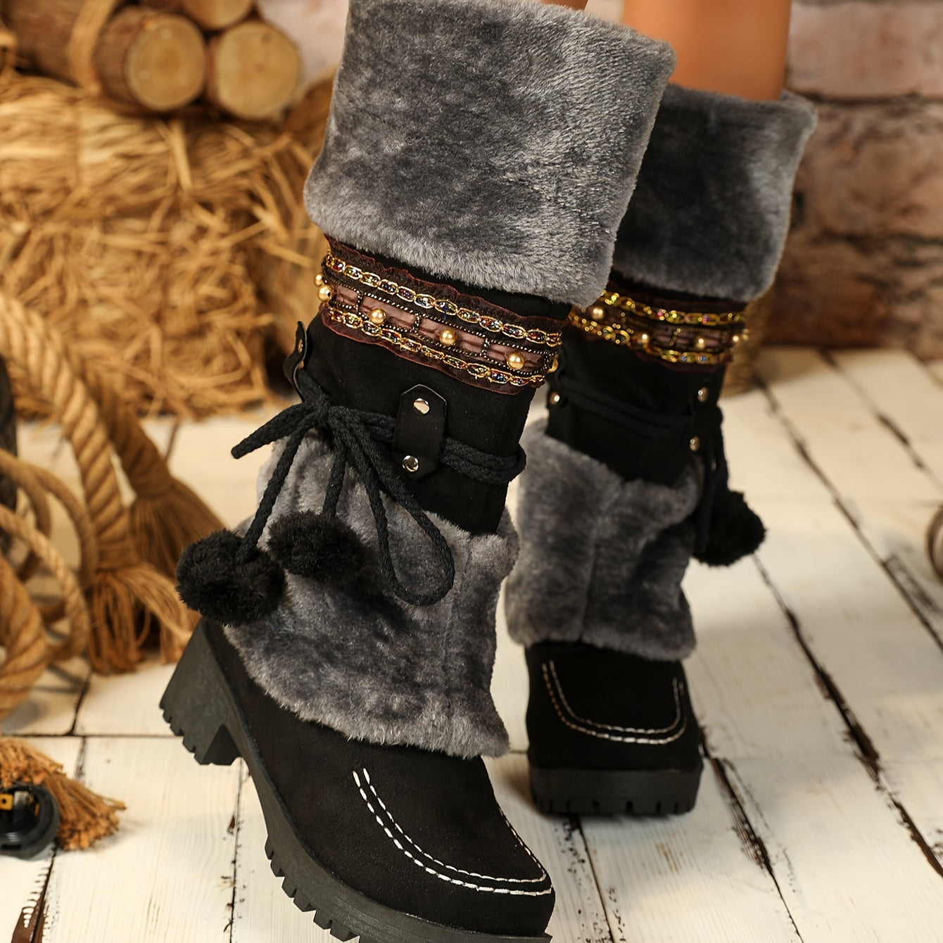 Damen Winterstiefel mit Kunstfell und Zierbändern, warmer gefütterter Schaft