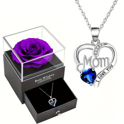 Damen Schmuckset Herz Halskette mit Anhänger 'Mom I Love You' und Geschenkbox mit Ewiger Rose – Elegantes Muttertagsgeschenk