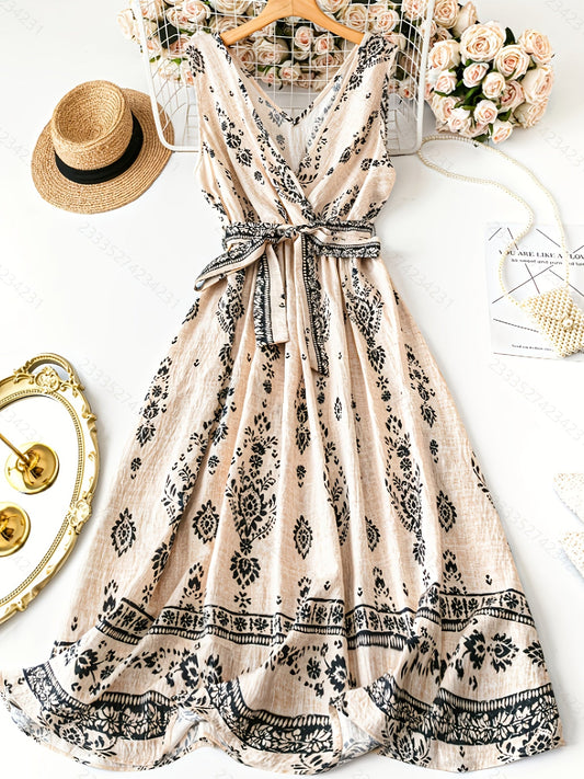 Vestido maxi bohemio de mujer con estampado floral y cinturón de cintura – Look veraniego elegante para tiempo libre y vacaciones