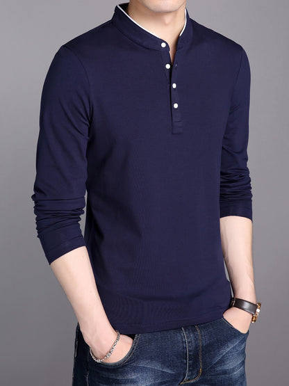 Herren Langarm Poloshirt Stehkragen Henley Stil