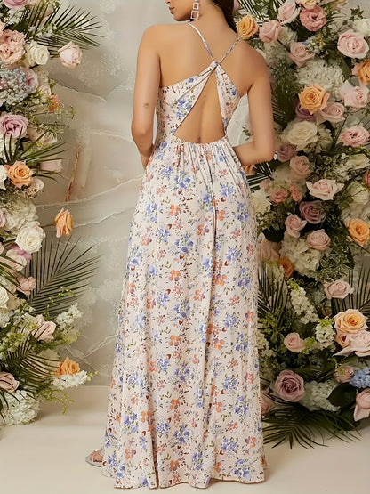 Damska elegancka sukienka maxi w kwiaty z dekoltem w serek – idealna na uroczyste okazje i wesela