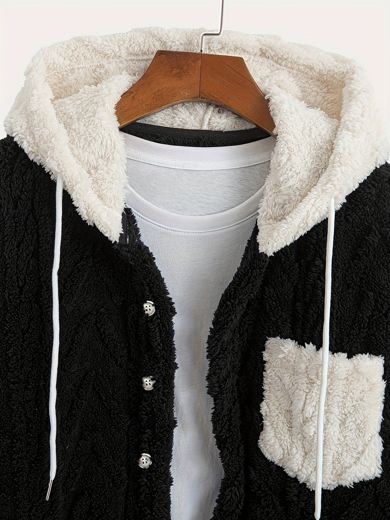 Giacca da uomo in peluche con cappuccio, chiusura con bottoni, effetto teddy