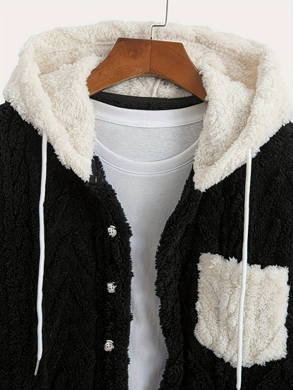 Giacca da uomo in peluche con cappuccio, chiusura con bottoni, effetto teddy