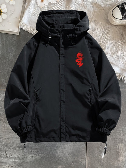 Schwarze Jacke mit Kapuze und rotem Drachen-Stickerei