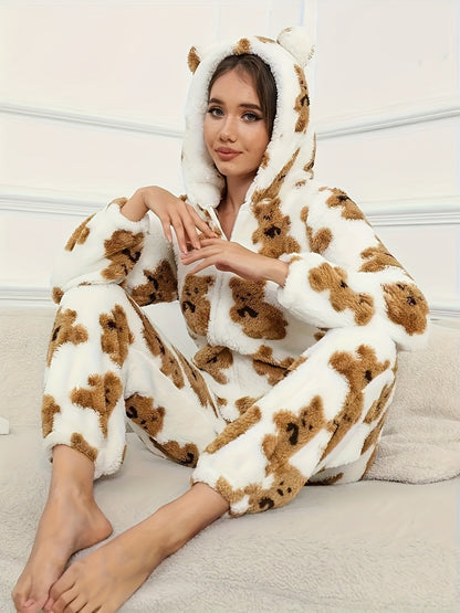 Damen Flauschiger Onesie mit Kapuze & Teddybär-Muster Rosa