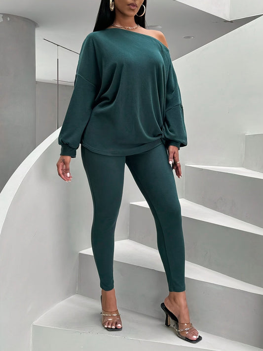 Ensemble de détente pour femme avec haut épaules dénudées et leggings vert foncé