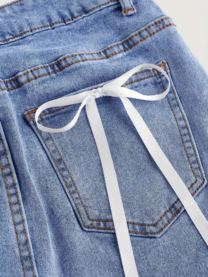 Gonna corta da donna in jeans con dettagli a fiocco e tasche – Gonna estiva alla moda per tempo libero e uso quotidiano
