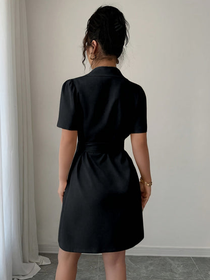 Abito blazer elegante da donna a maniche corte con cintura e doppia fila di bottoni – Business e occasioni