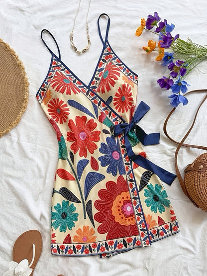 Damen Wickelkleid Sommer Tropischer Print – Blumen & Papagei, V-Ausschnitt, Freizeit & Strand