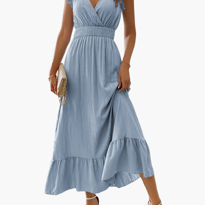 Robe longue élégante pour femme avec manches à volants et détail à la taille – Parfaite pour l'été et les vacances