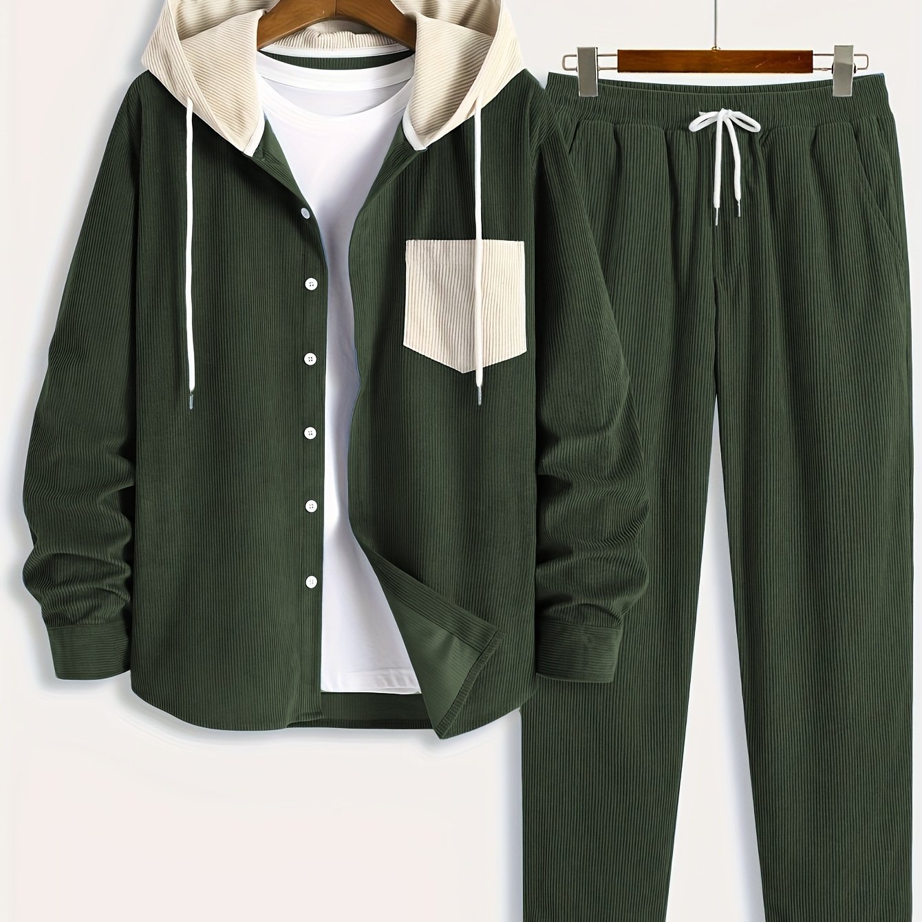 Conjunto de dos piezas para hombre con camisa tipo sudadera con capucha acanalada y pantalón jogger, traje informal
