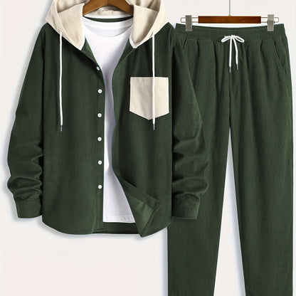 Conjunto de dos piezas para hombre con camisa tipo sudadera con capucha acanalada y pantalón jogger, traje informal