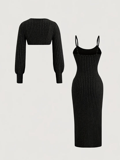 Damen Geripptes Midikleid mit Spaghettiträgern und Kurzpullover-Set