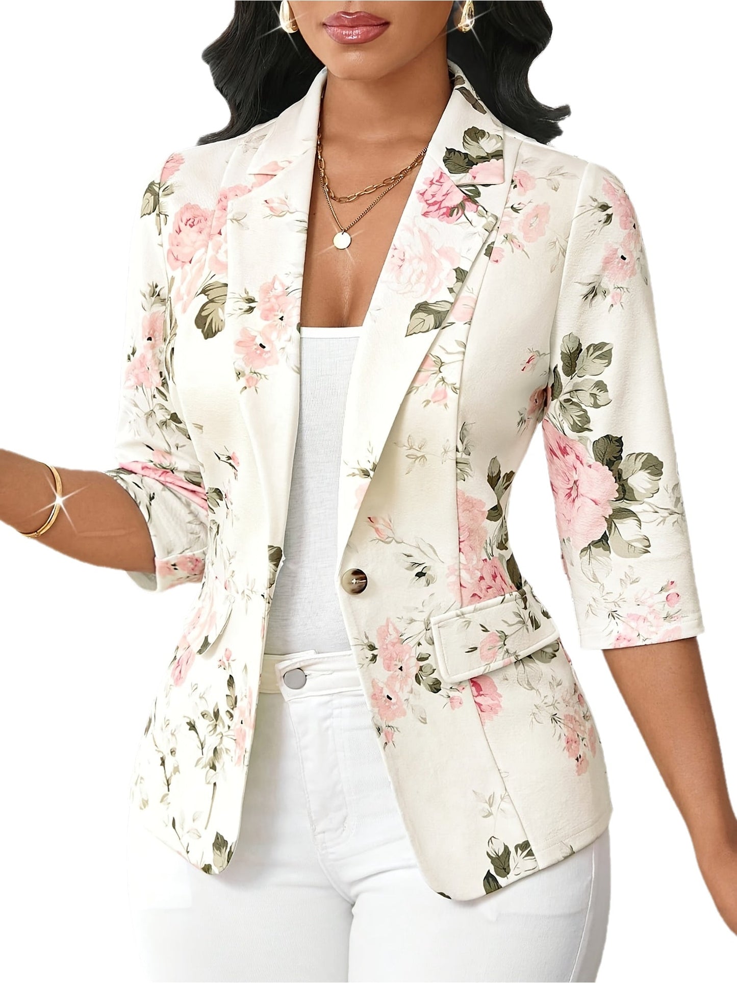 Dames Elegante Blazer met Bloemenpatroon en 3/4 Mouwen – Perfect voor Kantoor en Vrije Tijd