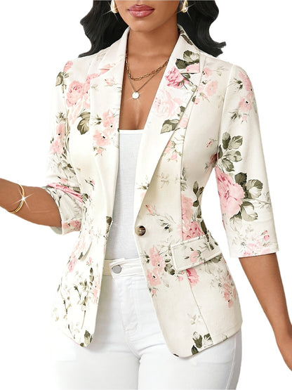 Dames Elegante Blazer met Bloemenpatroon en 3/4 Mouwen – Perfect voor Kantoor en Vrije Tijd
