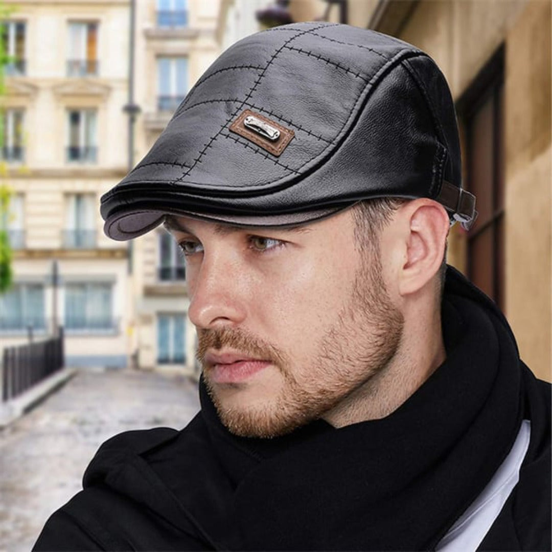 Retro leren baret voor heren met verstelbare band