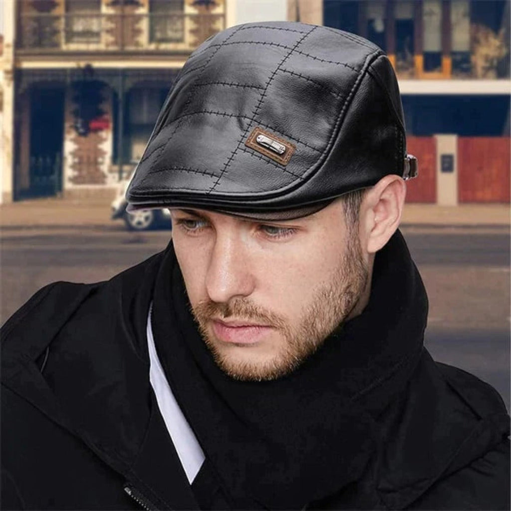Retro leren baret voor heren met verstelbare band
