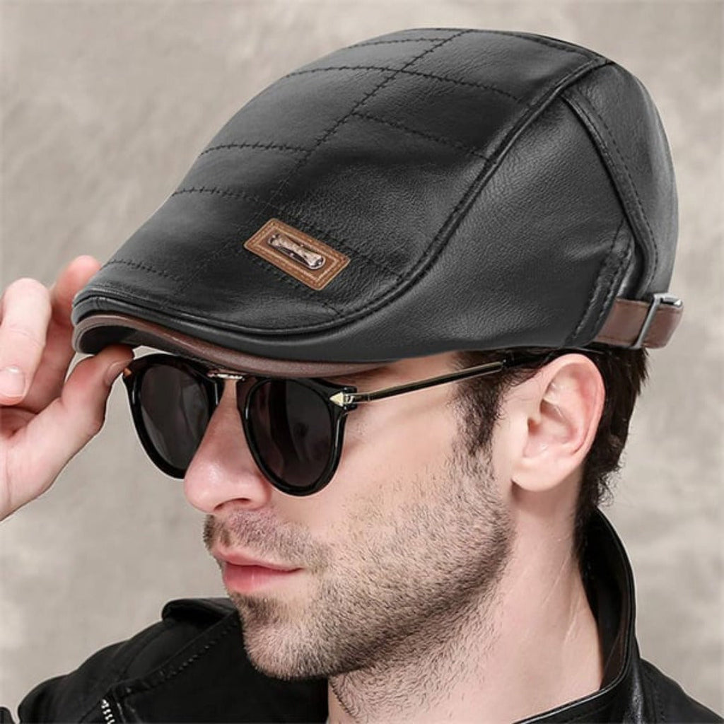 Retro leren baret voor heren met verstelbare band